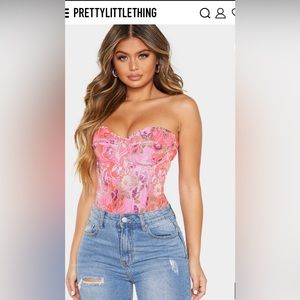 Prettylittlething Pink Satin Floral Print Corset Woman’s size 6